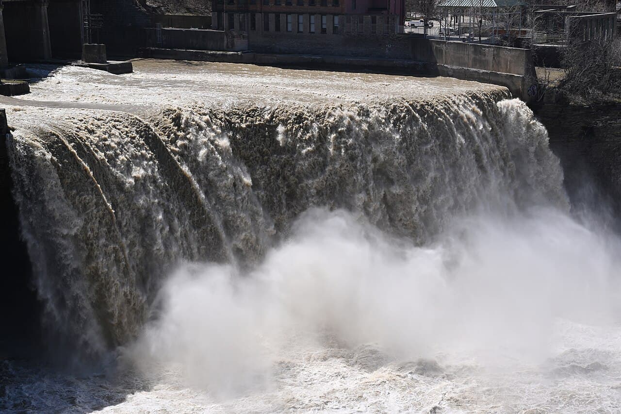 The Genesee River running high over High Falls in Rochester