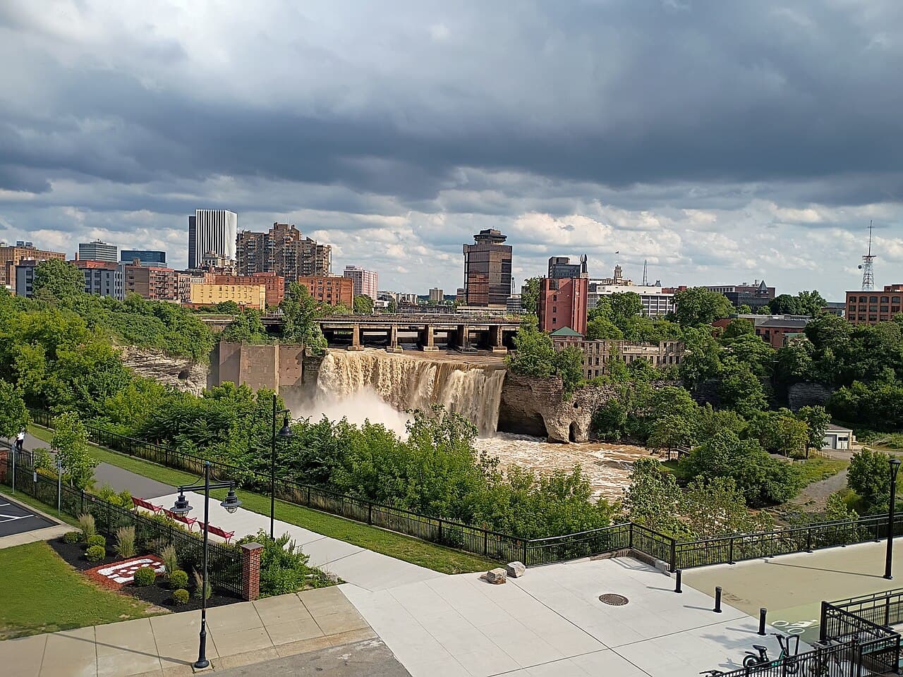 High Falls Terrace Park overlooking High Falls and the downtown Rochester skyline